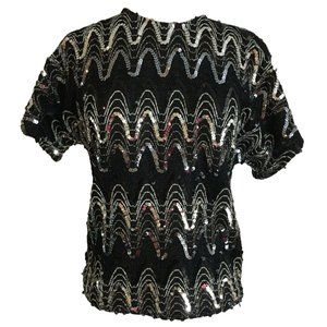 Adamo Womens Black Silver Sequin Top Small Vintage Short Sleeve Formal Shirt